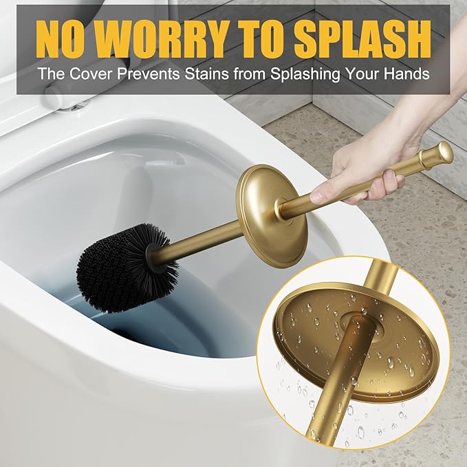BESy Toilet Brush and Holder, Toilet Cleaner Bowl Set with Two Brush with Extra Long Handle, Durable Bristles Toilet Scrubber and Covered Holder, Drip-Proof Stainless Steel Brushed Gold