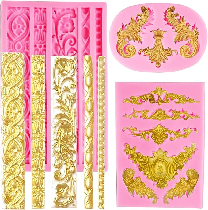 Silicone Fondant Molds, AIMEIKI 3 Pack 3D Baroque Fondant Molds Scroll Border Lace Silicone Molds Curlicues Gum Paste Candy Chocolate Molds for Birthday Wedding Party DIY Cake