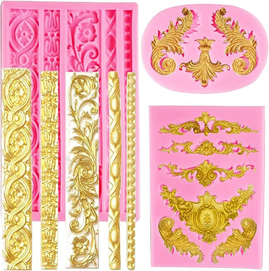 Silicone Fondant Molds, AIMEIKI 3 Pack 3D Baroque Fondant Molds Scroll Border Lace Silicone Molds Curlicues Gum Paste Candy Chocolate Molds for Birthday Wedding Party DIY Cake