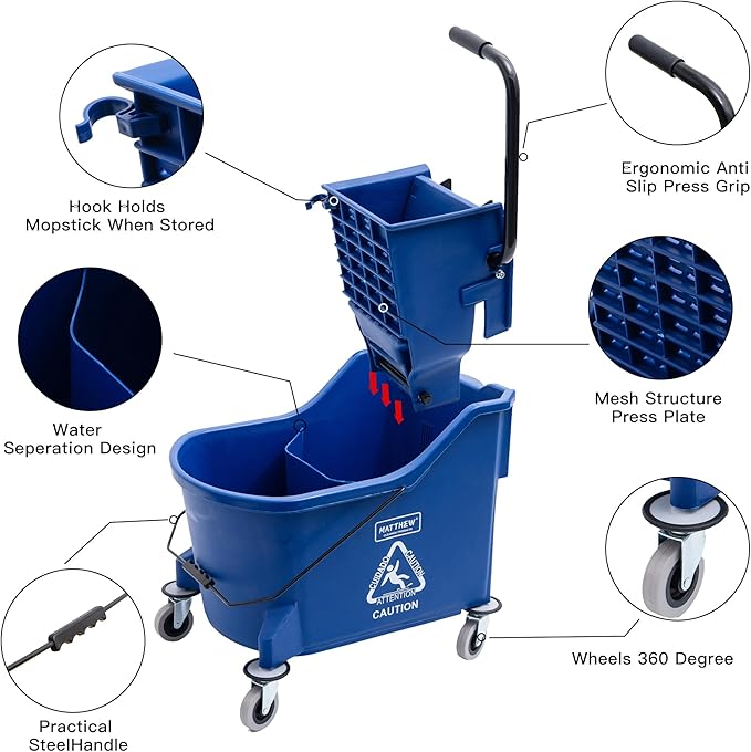 Matthew Cleaning Blue 44Quart Commercial Mop Bucket INCL.Wet String Mop& 19'' Industrial Wet Floor Sign with Side Press Wringer On Wheels,Tandem Portable Floor Cleaning Wavebrake,Ideal for Household
