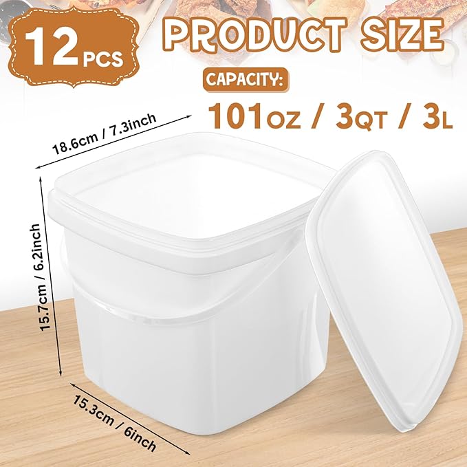 Mifoci 12 Pcs 3 Qt/ 101 Oz/ 3 L Plastic Food Containers, 0.74 Gallon Ice Cream Buckets with Lids and Handle Reusable Square Deli Containers Freezer and Microwave Safe for Kitchen Food Drinks Storage
