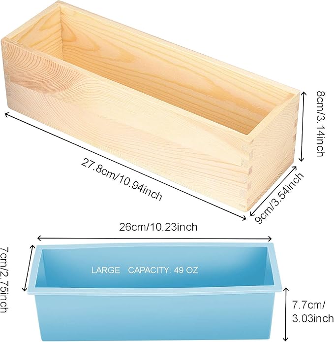 ZOENHOU 3PCS 42oz Blue Soap Molds, Flexible Rectangular Silicone Soap Making Molds Kit with Wood Box DIY Tool Set for Soap Making Supplies