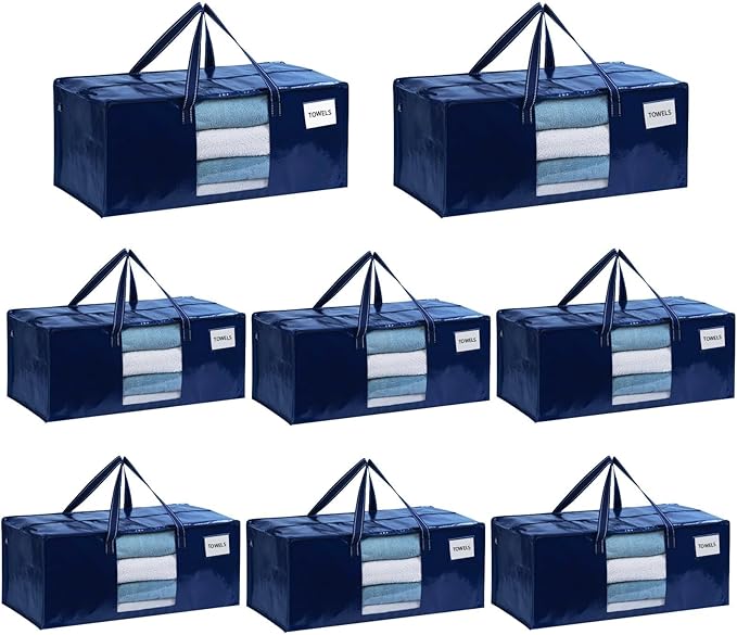VENO 8 Pack Moving Bags Extra Large Storage Bags for College Move-In, Heavy-Duty Storage Totes, Packing Boxes, and Wardrobe Moving Supplies - Durable Laundry Bags for Clothes (Blue w/Window, 8 Pack)