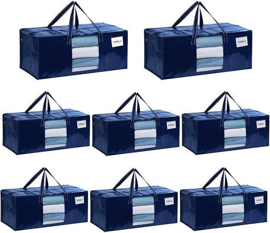 VENO 8 Pack Moving Bags Extra Large Storage Bags for College Move-In, Heavy-Duty Storage Totes, Packing Boxes, and Wardrobe Moving Supplies - Durable Laundry Bags for Clothes (Blue w/Window, 8 Pack)