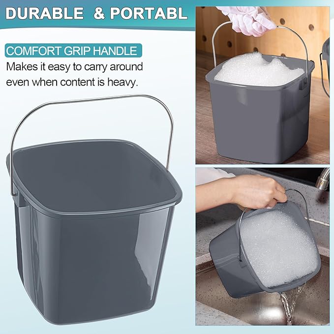 Zhehao 6 Pcs 3 Quart Cleaning Bucket Small Detergent Square Bucket Sanitizing Plastic Pail with Handles Square Cleaning Pail for Home, Offices, School, Commercial Use, Food Service (Gray)