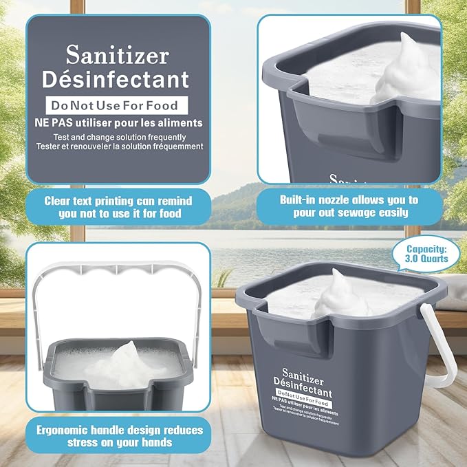 Vesici 6 Sets 3 Quart Cleaning Bucket with Microfiber Cleaning Cloths Small Sanitizing Square Bucket Detergent Plastic Utility Pail with Handle for Household Restaurant Office School Use (Gray)