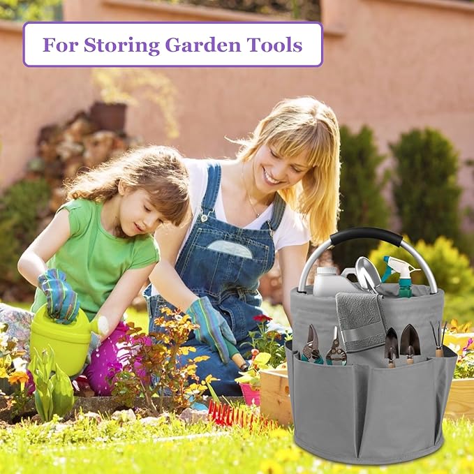 2Pack 17L Foldable Cleaning Supply Caddy with Handle, Portable Bucket Tool Organizer, Garden Tool Bag in 600D Oxford Fabric, Folding Storage Basket for Outdoor, Bathroom, Black + Dark Gray