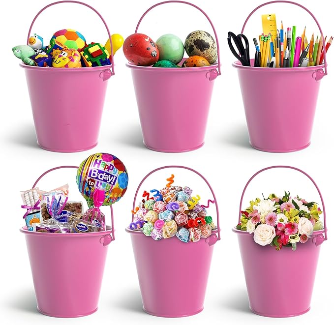 Small Metal Buckets with Handle 6 Pcs – Galvanized Bucket Leak Proof & Rust Resistant 20 fl oz Capacity - Best for Party Décor, Organizing & Decorating Classrooms (Pink, Small 4.3" Top)