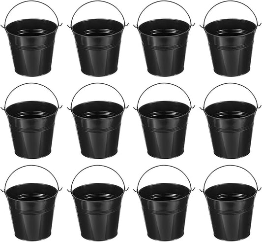 PATIKIL 5.1"x4.7" Small Metal Buckets with Handle, 12 Pcs Mini Galvanized Bucket Colorful Easter Buckets for Crafts Party Favors Decoration, Black