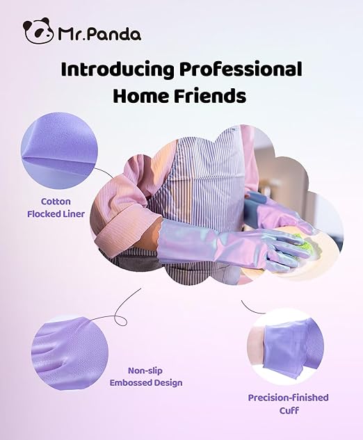 Mr.Panda 2 Pairs Skin-Friendly Flocked Cotton Liner Cleaning Gloves Medium, Reusable Dishwashing Gloves for Washing Dishes, Kitchen, Shimmering Pink