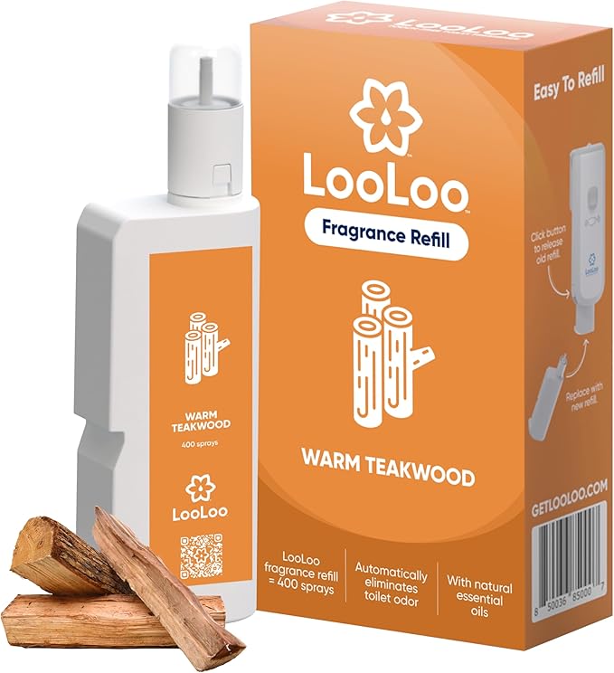 Loo Loo Touch Free Toilet Freshener Refills, Natural Essential Oils – Toilet Smell Eliminator, Bathroom Deodorizer, Air Freshener Spray for Bathroom, Warm Teakwood Fragrance, 2.0 Fl Oz
