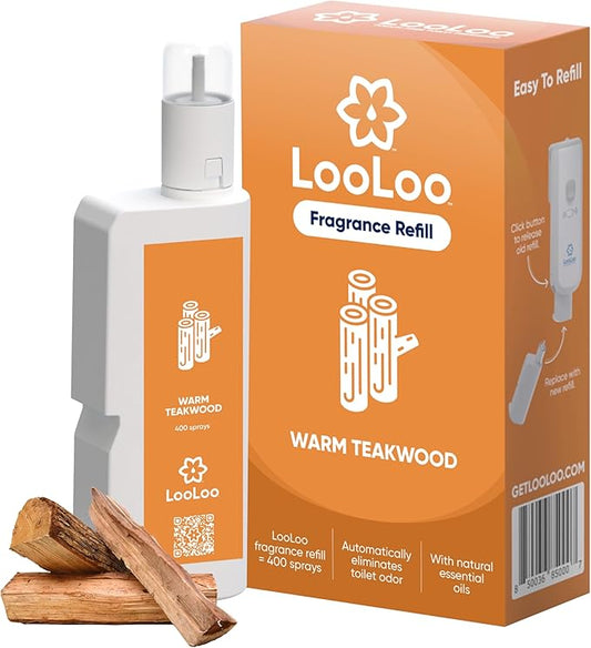 Loo Loo Touch Free Toilet Freshener Refills, Natural Essential Oils – Toilet Smell Eliminator, Bathroom Deodorizer, Air Freshener Spray for Bathroom, Warm Teakwood Fragrance, 2.0 Fl Oz