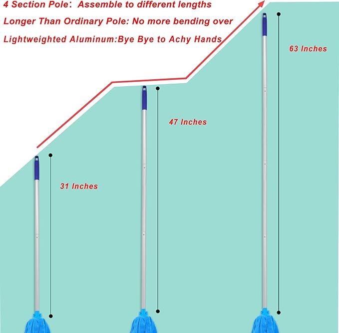 Microfiber Cloth String Mop, One Lightweight Aluminum Pole + Two Loop End Microfiber Cloth Mop Heads