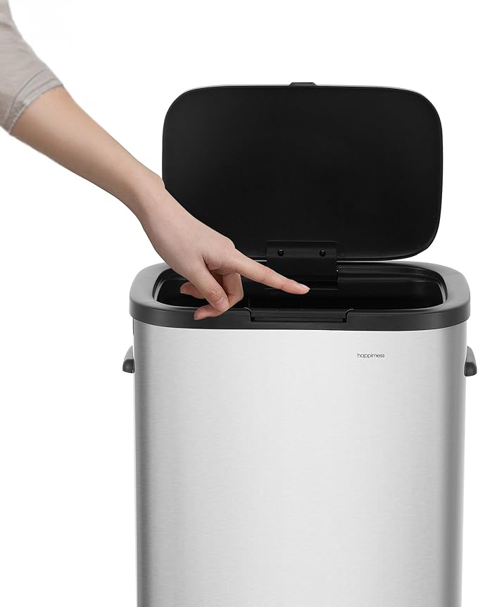 happimess HPM1017A Tammi Kitchen 14.5-Gallon Slim Metal Push Button Trash Can, Fingerprint Resistant, Modern, Minimalistic for Home, Kitchen, Laundry Room, Office, Bedroom, Bathroom, Platinum Silver