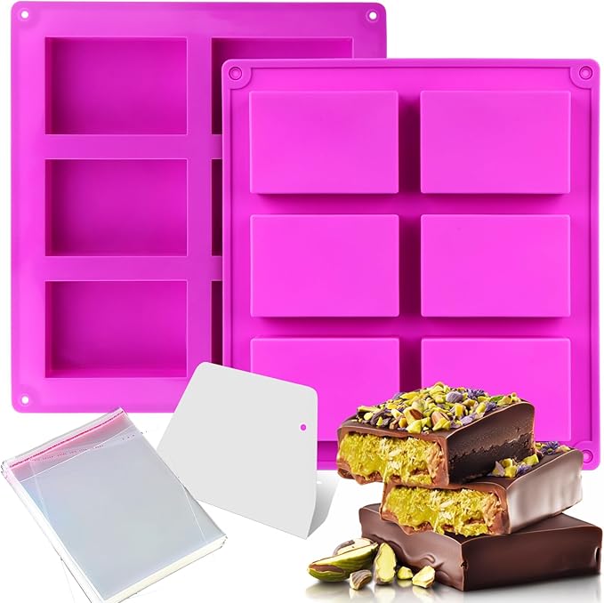 Juome 12 Cavities Chocolate Bar Mold Deep - Thick Deep Chocolate Bar Mold for Filling, Silicone Chocolate Bar Mold for Stuffed Bar Knafeh Pistachio Chocolate Candy Bar with 100Pcs Bags and 1Pc Scraper