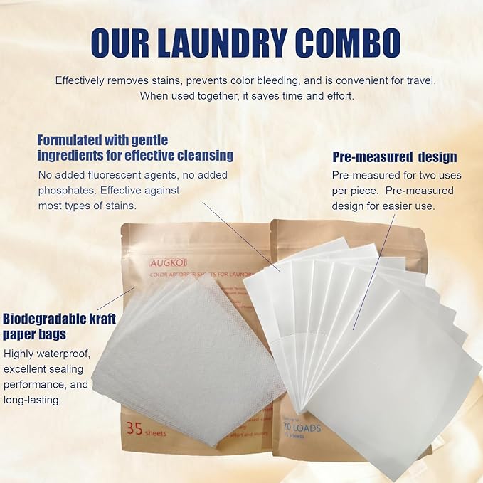 Laundry Washing Set: Laundry Detergent Sheets and Color Absorber Sheets, Deep Clean and Protect Colors, Dissolvable Laundry Soap Sheet with Dye-trapping Sheet for Home Washing, travel clothes
