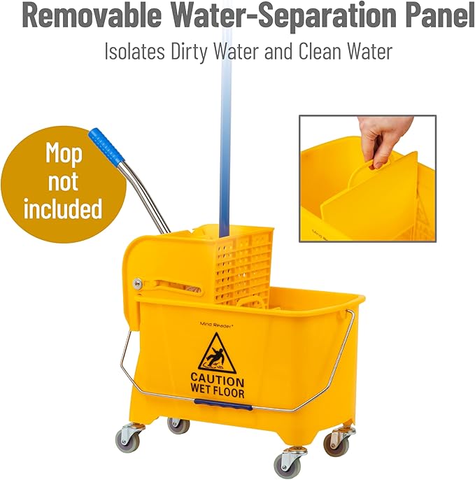 Mind Reader Mop Bucket with Wringer, 22 Qt (5.5 Gallon), Floor Cleaning, Handle, Wheels, 16.25"L x 10.75"W x 24.5"H, Yellow