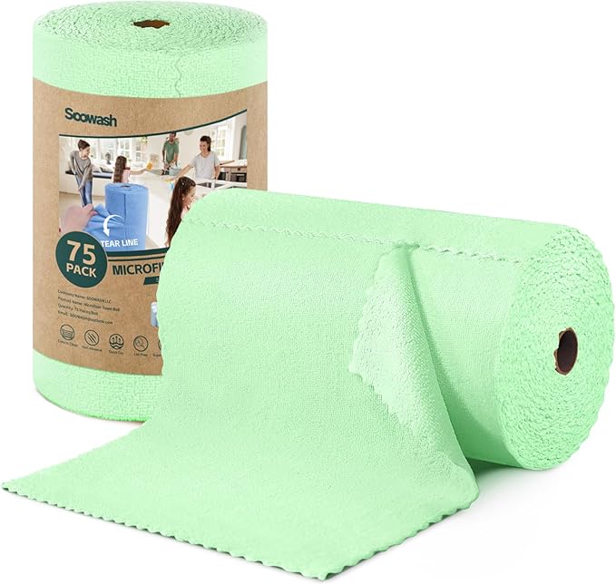 Microfiber Cleaning Cloths Roll, 75 Pack Tear Away Microfiber Towels Roll, 12" x 12" Lint Free Rags, Reusable Cleaning Cloths, Washable, Scratch Free,Ultra Absorbent Dish Rags(Green)