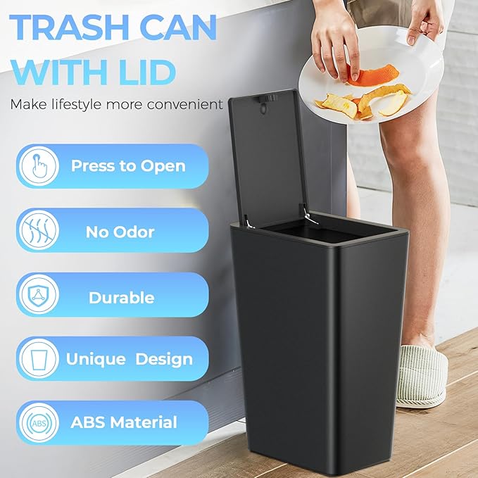 4 Gallon Bathroom Small Trash Can with Lid, 15L Slim Garbage Bin Wastebasket with Pop-Up Lid for Bedroom, Office, Kitchen, Dorm, Fits Under Desk