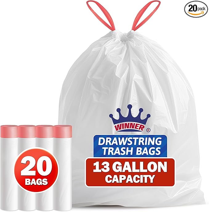 WINNER Trash Bags 13 Gallon, 20 Count Drawstring Tall Kitchen Garbage Bags, Unscented White Plastic Bags, Trash Can Wastebasket Bin Liners for Bathroom Apartment Office Home & Kitchen