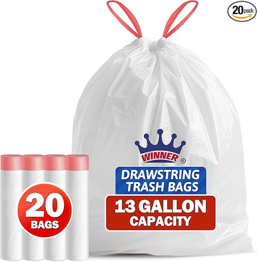 WINNER Trash Bags 13 Gallon, 20 Count Drawstring Tall Kitchen Garbage Bags, Unscented White Plastic Bags, Trash Can Wastebasket Bin Liners for Bathroom Apartment Office Home & Kitchen