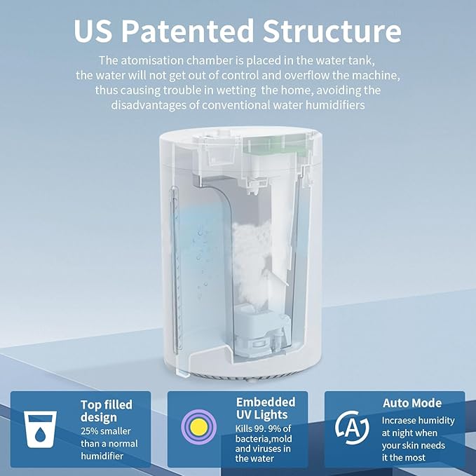 Humidifiers for Bedroom, 2 in 1 Cool Mist Humidifiers for Home, Large Room, Baby Nursery and Plants, 4L Top Fill Cool Mist Humidifier with Oil Diffuser, Nightlight, 31H Runtime (Transparent)