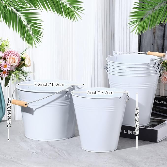 Zopeal 6 Pcs Large Metal Bucket Beer Bucket Galvanized Steel Pail with Handle for Gifts Basket Ice Candy Party(7.4 x 7.2 x 4.6 Inch,White)