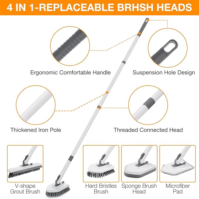 4 in 1 Shower Scrubber Cleaning Brush, Tub and Tile Scrubber with Long Handle, Grout Brush Stiff Bristles Scrub Sponge Brushes Microfiber Pad, for Toilet Bathroom Kitchen Wall Floor Glass Bathtub Sink