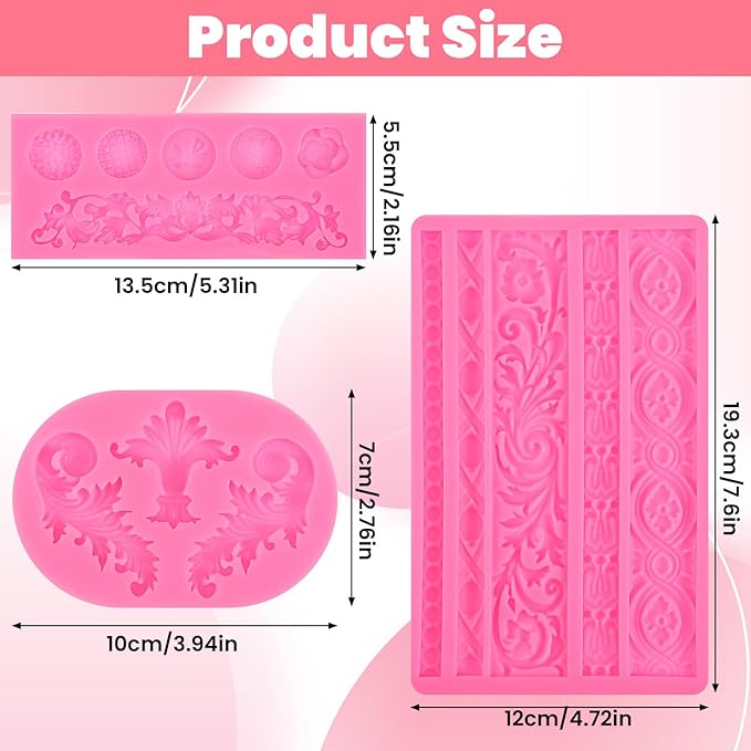 6Pcs Baroque Embossed Cake Decorating Mold, Silicone Fondant Molds Cake Border Fondant Molds for Chocolate Candy Mousse Butter Biscuit Marzipan Sugar Craft Cakes