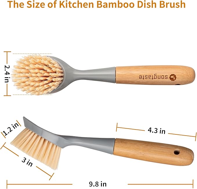 2 Pack Kitchen Dish Brush Bamboo Handle Dish Scrubber Built-in Scraper, Scrub Brush for Pans, Pots, Kitchen Sink Cleaning, Dishwashing and Cleaning Brushes are Perfect Cleaning Tools, Color-Gray