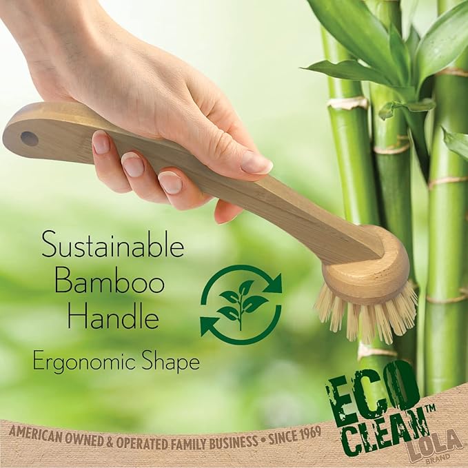 LOLA Eco Clean Bamboo Dish Brush, Multi Purpose, Sustainable Ergonomic Renewable Bamboo Handle, Fibers are Recycled Soda/Water Bottles - 1 CT