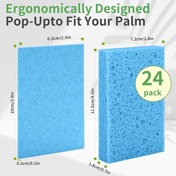 Non-Scratch Kitchen Sponges 24 PCS | Compressed Cellulose Sponges | Natural Biodegradable Sponge for Kitchen Dishes Bathroom Cars | DIY Cut-Outs for Kids