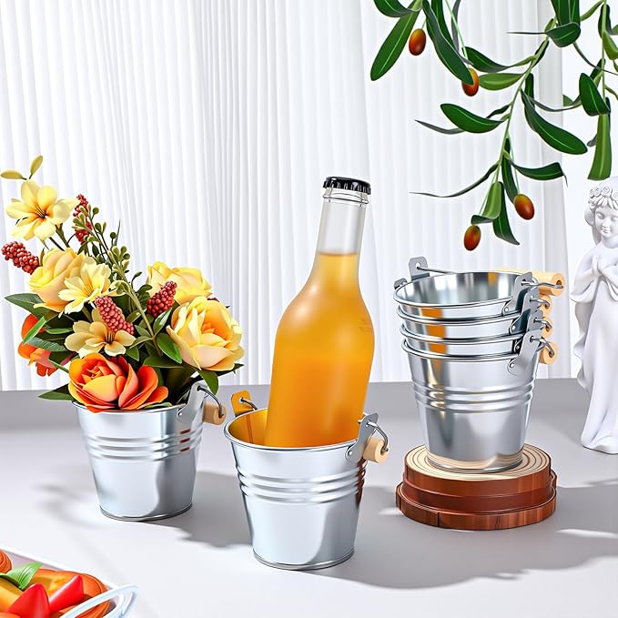 Zopeal 6 Pcs Large Metal Bucket Beer Bucket Galvanized Steel Pail with Handle for Gifts Basket Ice Candy Party (3.5 x 3 x 2.3 Inch,Silver)