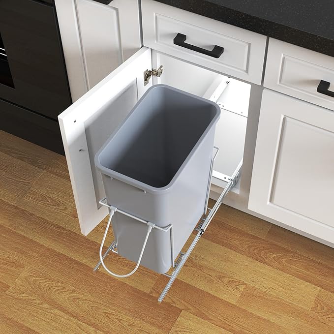 Single Pull-Out Trash Can, 35QT Under-Cabinet Kitchen Bin, Metal Frame, Grey, Fits Above 14” Opening Cabinets