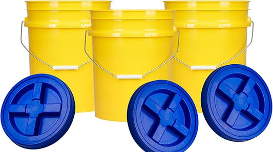 House Naturals 5 Gallon Plastic Yellow Food Grade BPA Free Made in USA Bucket Pail with Air Tight Double Gasket Screw on Lid(Pack of 3) (Yellow and Blue lids)