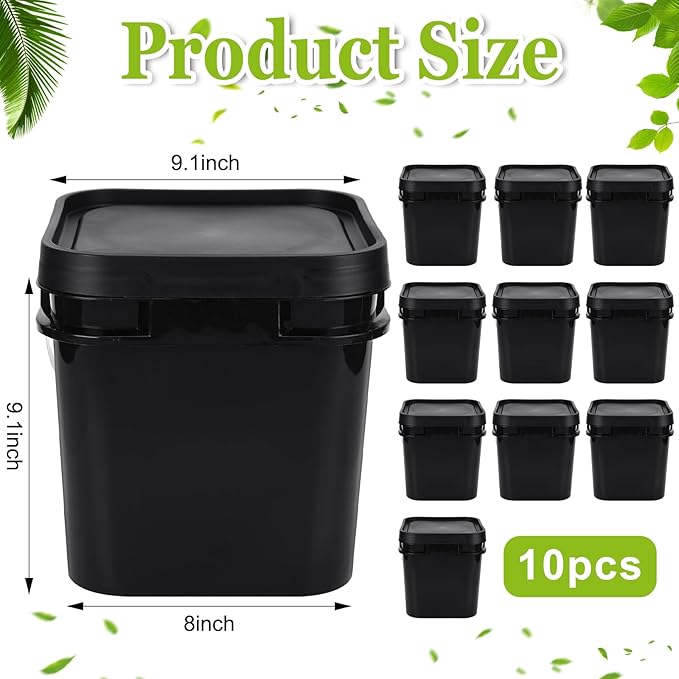 Suzile 10 Pcs 2.2 Gallon Square Bucket with Lid Food Grade Plastic Bucket 10L Utility Industrial Pail with Handle Container for Food Oil Tub Water Fishing Paint House Cleaning Car Washing(Black)