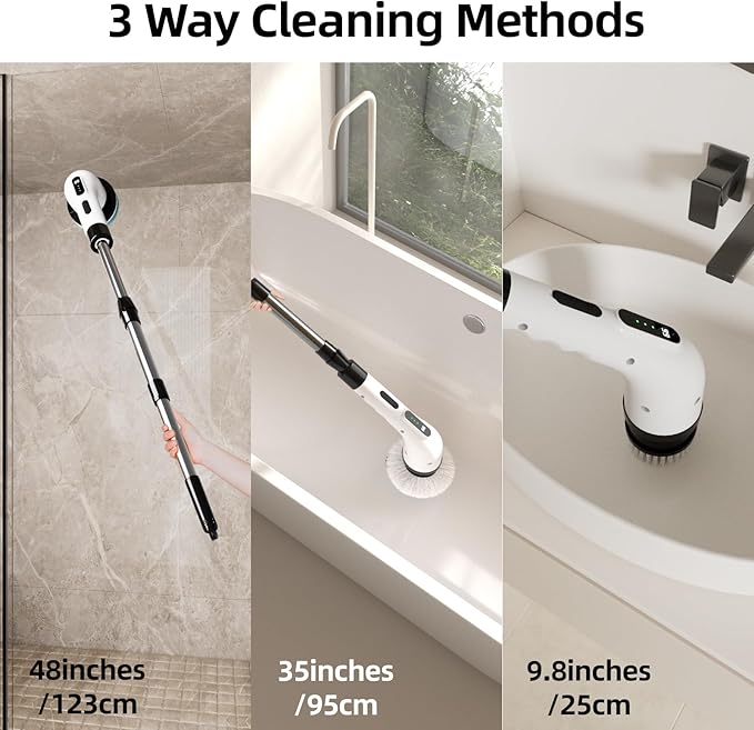 Electric Spin Scrubber for Cleaning, 9 in 1 Changeable Bathroom Scrubber with Power Display, Long Cordless Cleaning Brush, Cordless Shower Cleaner Brush for Bathtub Kitchen Wall Cleaning