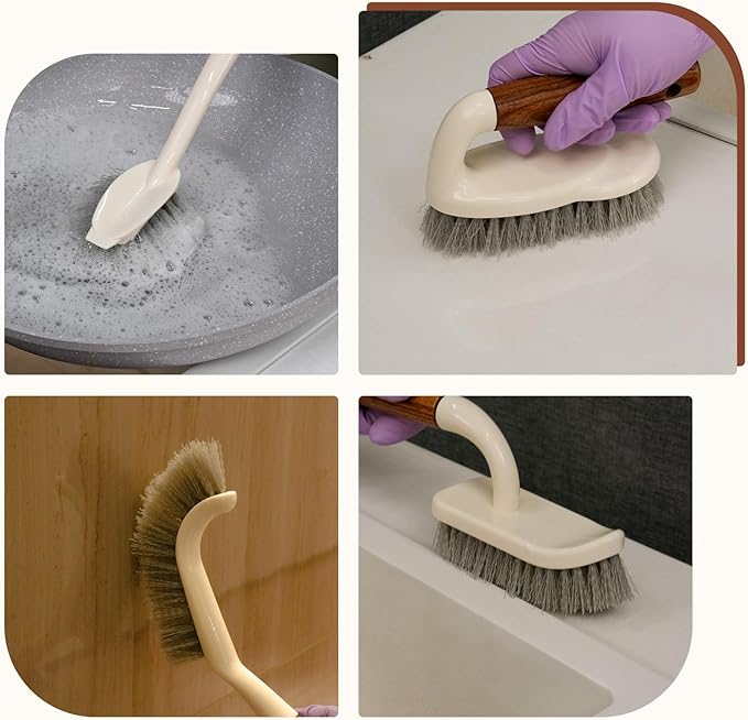 4-Pack Heavy Duty Scrub Brushes Set with Wooden Handles, Triangle & Square Floor Scrubber, Dish Brush, Grout Cleaner for Kitchen, Bathroom, Tile, Carpet & Stubborn Stains Removal