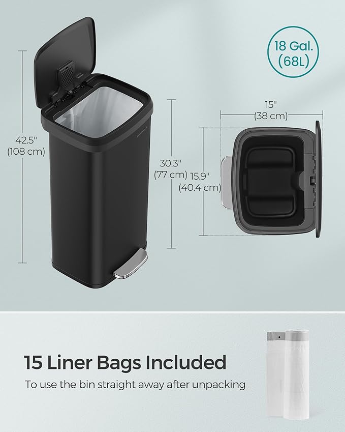 SONGMICS Kitchen Trash Can, 18-Gallon Stainless Steel Garbage Can, with Stay-Open Lid and Step-on Pedal, Soft Closure, Tall, Large and Space-Saving, Black ULTB520B68