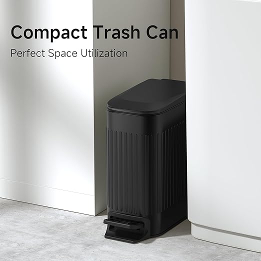 TIPGO Slim Bathroom Trash Can with Lid Soft Close, Step Pedal, 6 Liter / 1.6 Gallon Stainless Steel Trash Bin, Small Garbage Cans for Bedroom, Office, Kitchen (Black)