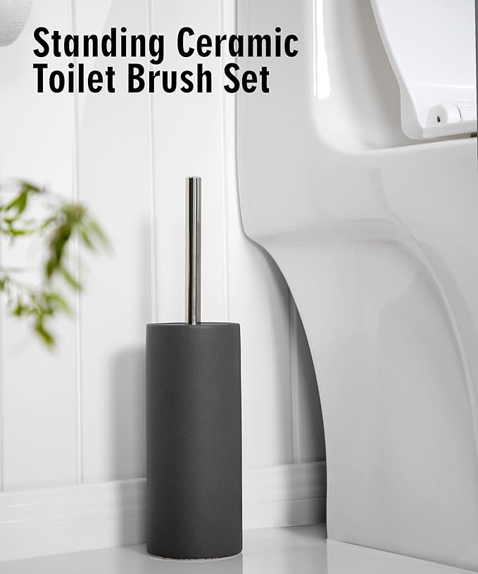 Matt Gray Ceramic Toilet Brush and Holder Set, Freestanding Toilet Bowl Cleaners Brush, Scrubber Brush for Toilet, Bathroom Accessories with Stainless Handle, Deep Cleaning