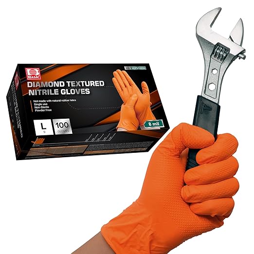 Jointown Basic Heavy Duty Nitrile Gloves, Mechanic Gloves 8 Mil Nitrile Disposable, with Raised Diamond Texture, Case of 100, Orange, Large