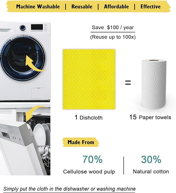 Swedish Dishcloths for Kitchen | 6 Pack Absorbent Cellulose Sponge Cloths Washable | Non-Scratch Reusable Paper Towels Quick Drying Cleaning Cloths - Yellow