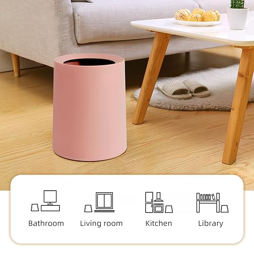 2 Pack Round Modern Trash Can Bedroom, 3Gal/12L Bathroom Trash Can Hidden Bag, Open Top Trash Bin Round Plastic, Minimalist Pink Garbage Can with Inner Bucket (with 2 Handles) for Kitchen Office