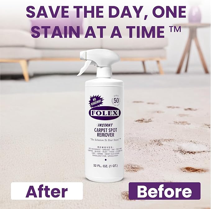 FOLEX Instant Carpet Spot Remover 128 oz - Powerful Stain Remover for Carpets, Upholstery & Rugs - Eliminates Pet Stains, Grease, Red Wine, Food, Makeup & More - With Reusable Cleaning Cloth - 1 Pack