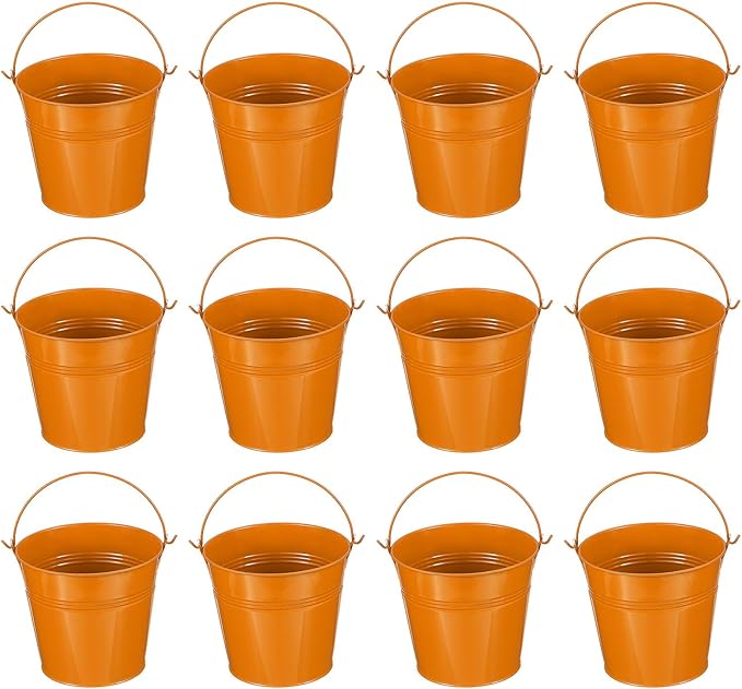 PATIKIL 5"x4.7" Small Metal Buckets with Handle, 12 Pcs Mini Bucket Easter Buckets, Orange