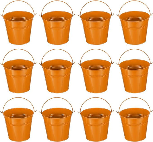 PATIKIL 5"x4.7" Small Metal Buckets with Handle, 12 Pcs Mini Bucket Easter Buckets, Orange