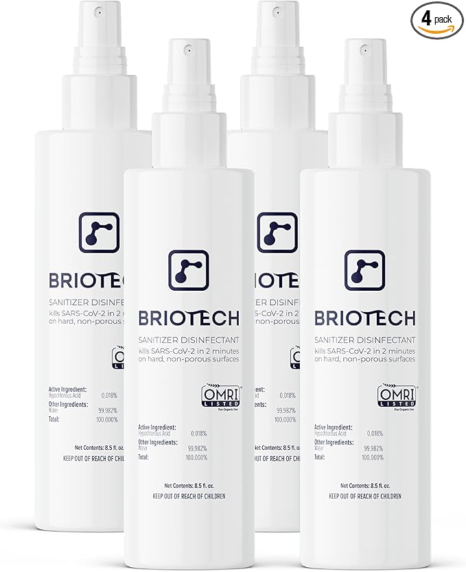 BRIOTECH Sanitizer Disinfectant Hypochlorous Spray, Kill 99.99% of Viruses & Bacteria, Control Mold, Eliminate Odor, Gentle for Nursery & Play Rooms, Food Contact Surface Sanitizer, 8 fl oz (4 Pack)
