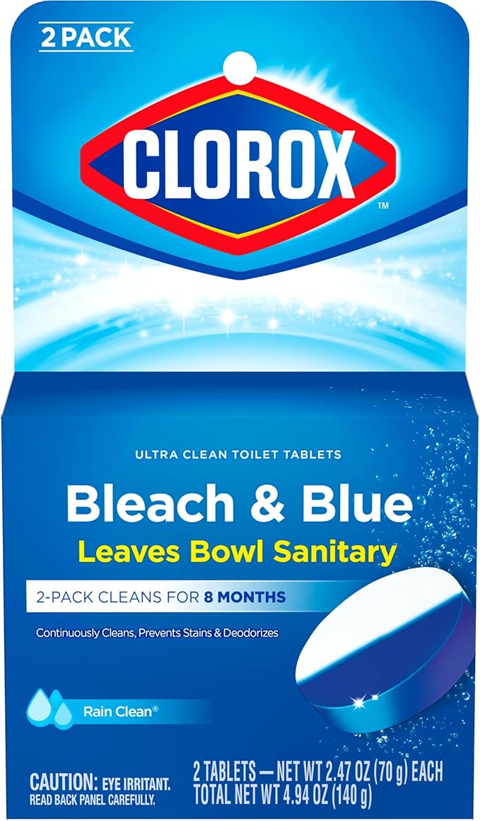 CLOROX Ultra Clean Toilet Tablets Bleach & Blue, Rain Clean Scent 2.47 Ounces Each, 2 Count (Package May Vary)