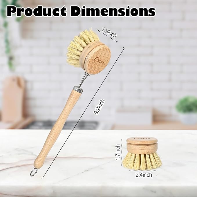 Bamboo Dish Brush with Handle - 4 Replacement Heads, Eco Soft Bristles Vegetable Brush Scrubber for Food, Compostable & Sustainable, Bamboo Dish Scrubber for Cleaning Kitchen Utensils